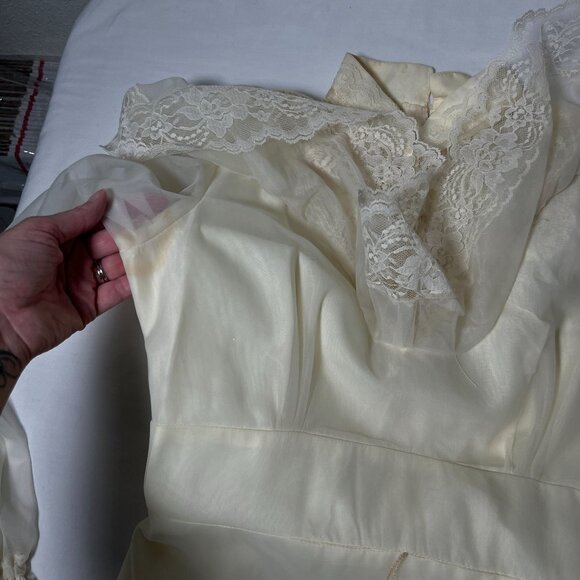 Vintage 70s Chiffon Maxi Wedding Dress Union Made Prom Ivory Lace Hi Neck Small - Picture 13 of 16
